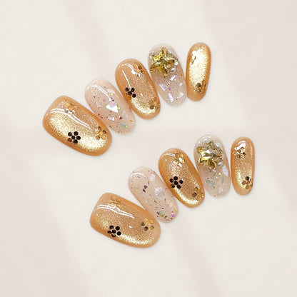 Golden Champagne Mosaic Press-On Nails with Short Squoval Cat-Eye Shimmer, Iridescent Flakes, and Foil Accents  20mm