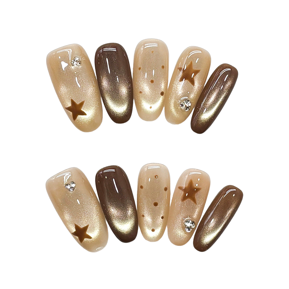 Mocha Starry Glow Medium Squoval Press-On Nails with Champagne Cat-Eye Shimmer and Crystal Accents  22mm