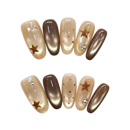 Mocha Starry Glow Medium Squoval Press-On Nails with Champagne Cat-Eye Shimmer and Crystal Accents  22mm