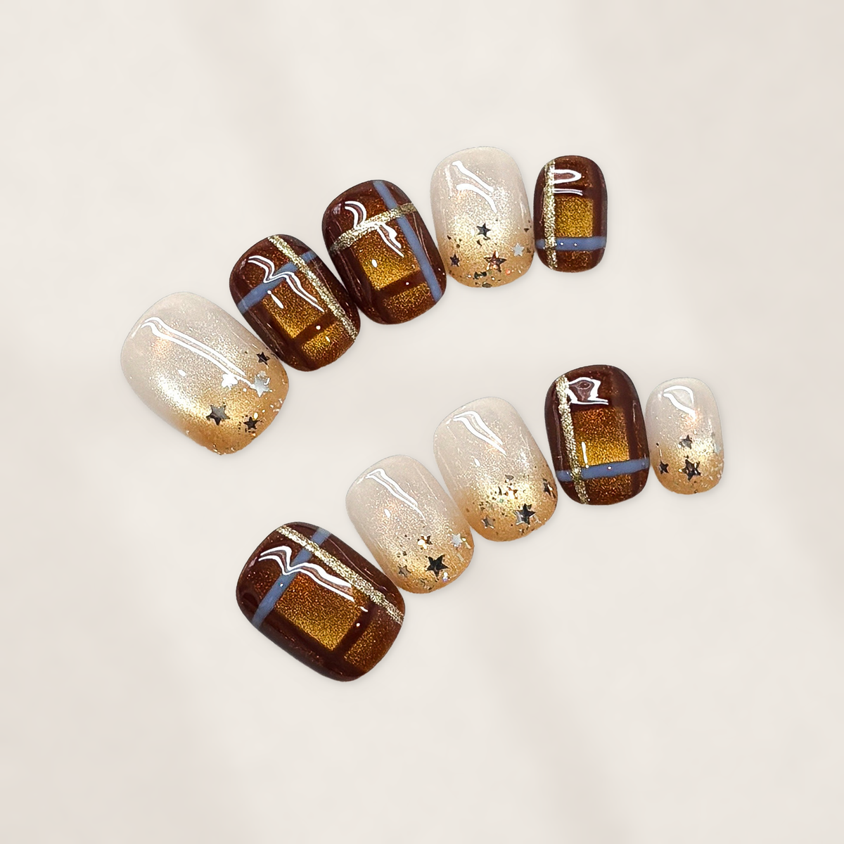 Espresso Starlit Press-On Nails with Short Squoval Tips, Golden Cat-Eye Plaid Panels, and Celestial Star Accents  15mm