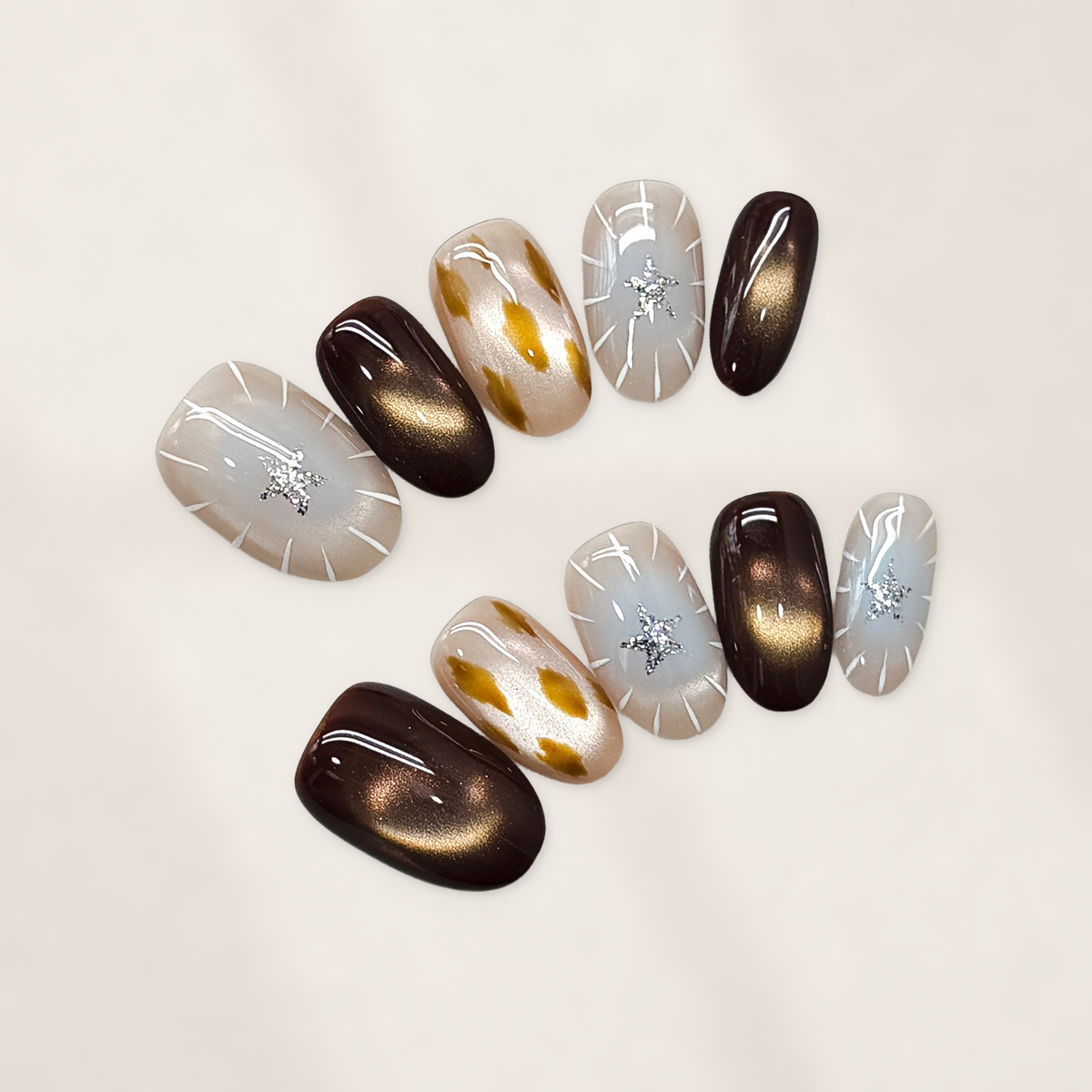 Velvet Mocha Safari: Short Squoval Press-On Nails with Cat-Eye Shine, Golden Spots, and Crystal Starbursts  20mm