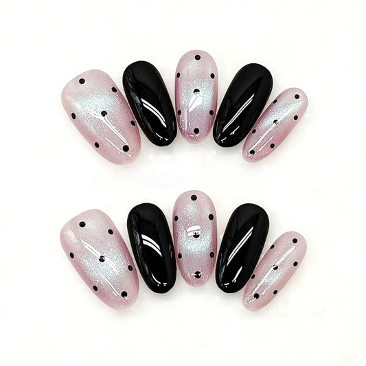 EvadiaGrace Black White Polka Dot Press On Nails Medium Oval Salon Quality False Nails