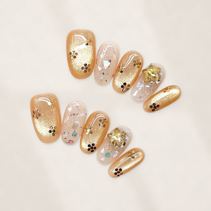 Golden Champagne Mosaic Press-On Nails with Short Squoval Cat-Eye Shimmer, Iridescent Flakes, and Foil Accents  20mm