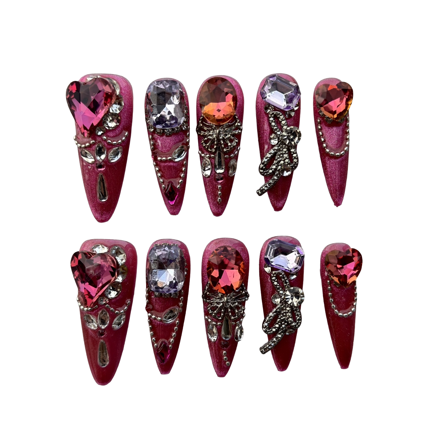 Fuchsia Heart Crystal Press-On Nails by Evadia Grace – Pink Purple Rhinestone Handmade Reusable Nails