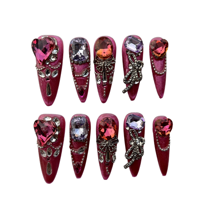 Fuchsia Heart Crystal Press-On Nails by Evadia Grace – Pink Purple Rhinestone Handmade Reusable Nails