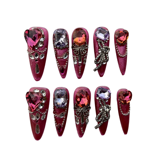 Fuchsia Heart Crystal Press-On Nails by Evadia Grace – Pink Purple Rhinestone Handmade Reusable Nails