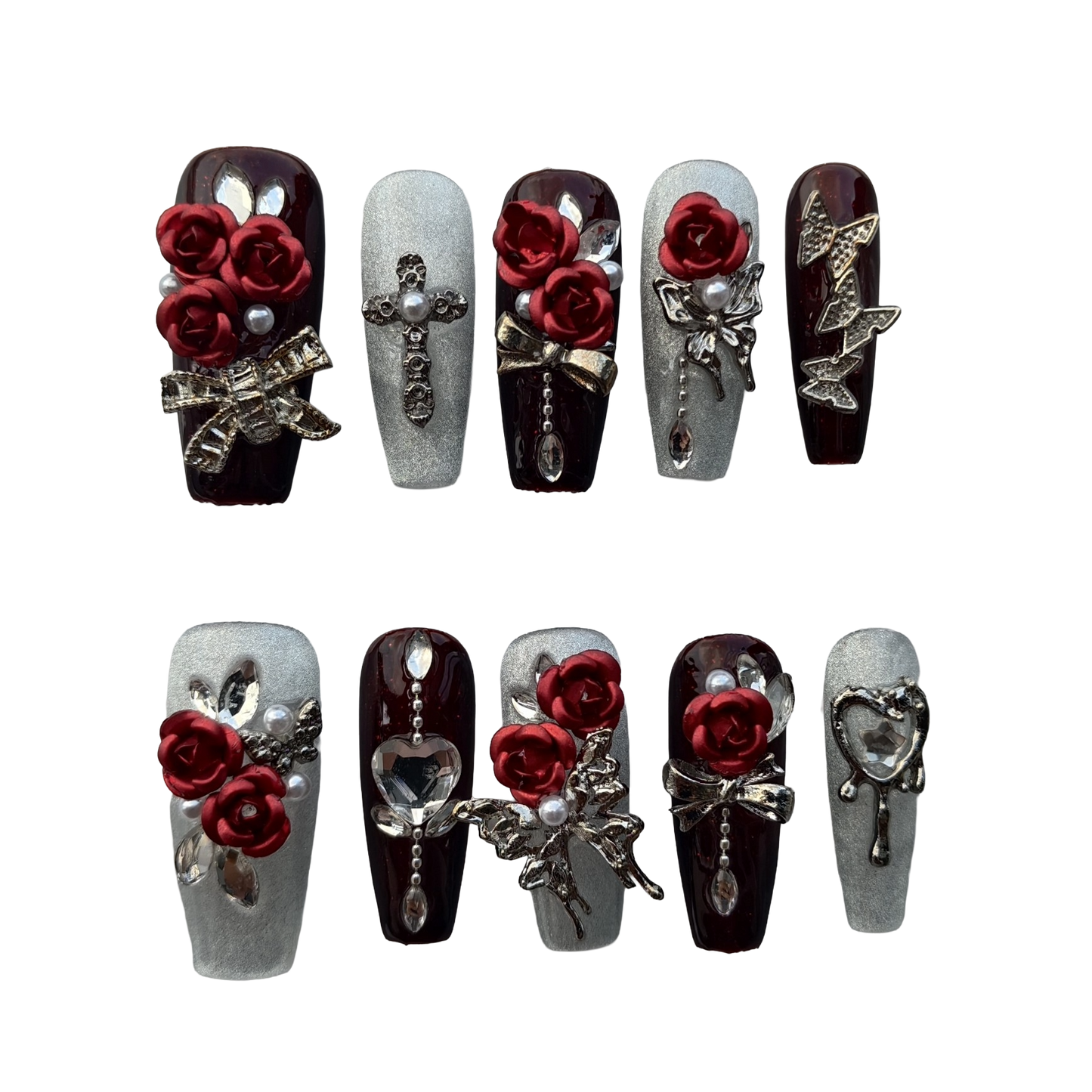 Burgundy Rose Gothic Press-On Nails by Evadia Grace – Red 3D Flower Handmade Reusable Nails