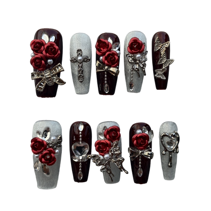 Burgundy Rose Gothic Press-On Nails by Evadia Grace – Red 3D Flower Handmade Reusable Nails