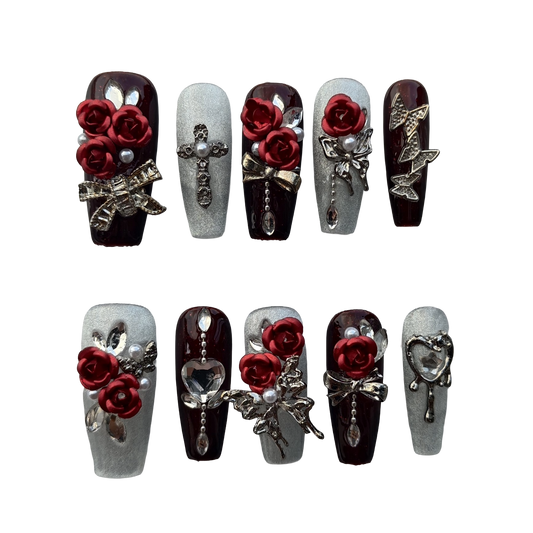 Burgundy Rose Gothic Press-On Nails by Evadia Grace – Red 3D Flower Handmade Reusable Nails
