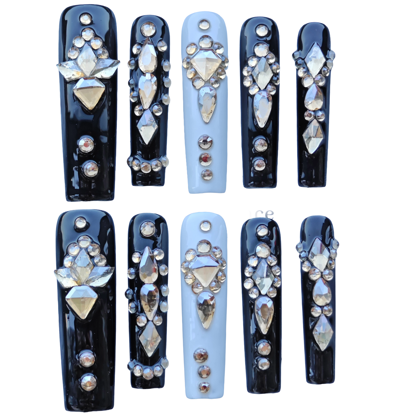 Midnight Noir Crystal Nails – Black & Ivory Luxury Press-On Nails with Champagne Diamond Accents | Elegant Statement Nails by Evadia Grace