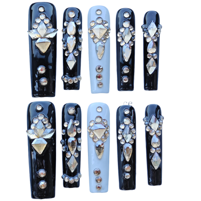 Midnight Noir Crystal Nails – Black & Ivory Luxury Press-On Nails with Champagne Diamond Accents | Elegant Statement Nails by Evadia Grace