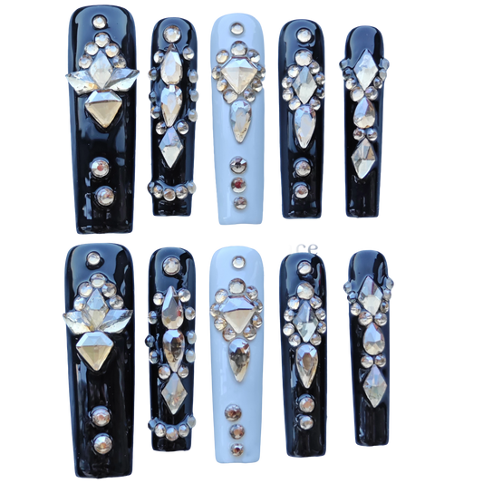 Midnight Noir Crystal Nails – Black & Ivory Luxury Press-On Nails with Champagne Diamond Accents | Elegant Statement Nails by Evadia Grace
