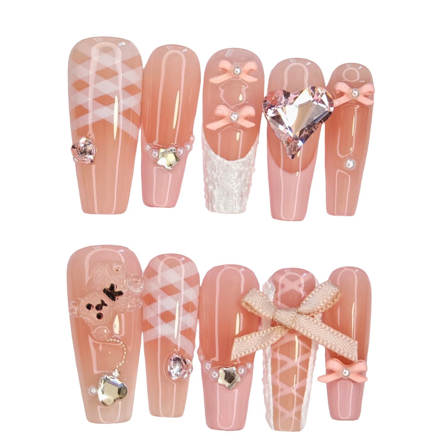 Sweet Pink Press-On Nails with Bows, Plush Accents & Faux Gemstones