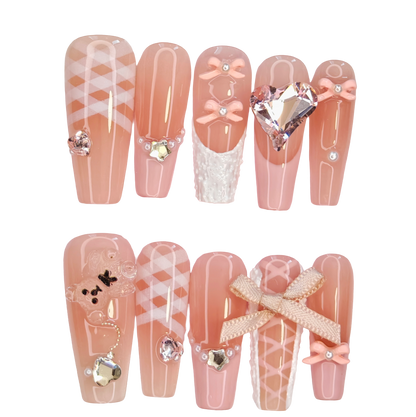 Sweet Pink Press-On Nails with Bows, Plush Accents & Faux Gemstones
