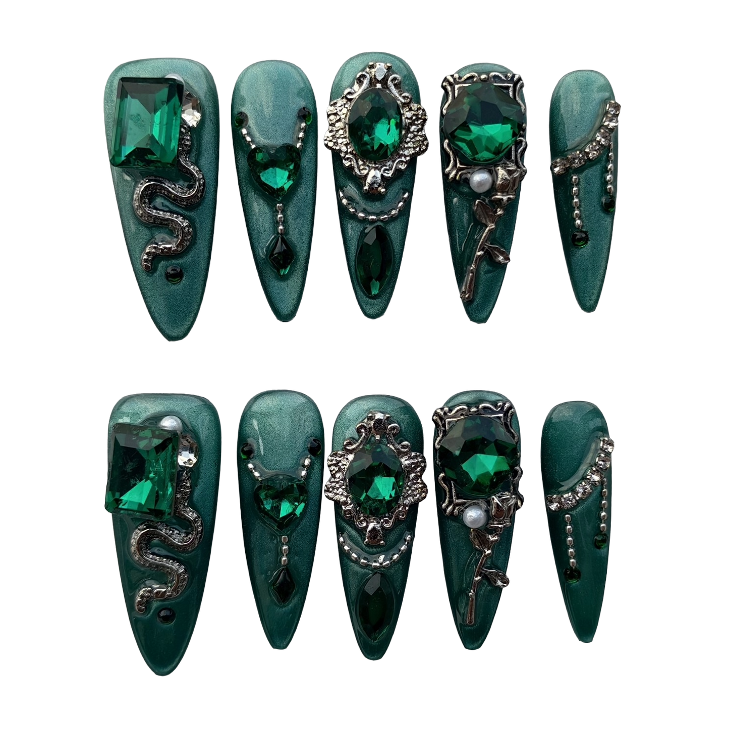 Emerald Gothic Snake Press-On Nails by Evadia Grace – Green Rhinestone Handmade Reusable Nails