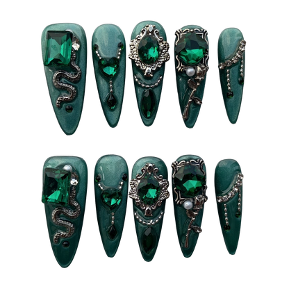 Emerald Gothic Snake Press-On Nails by Evadia Grace – Green Rhinestone Handmade Reusable Nails