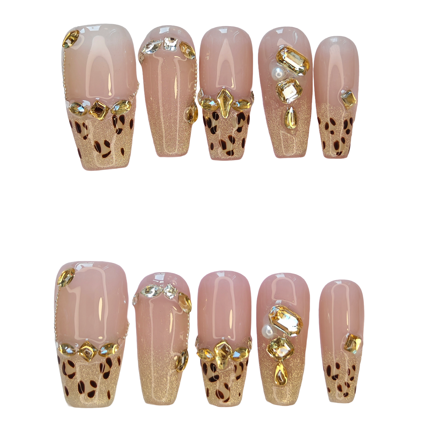 Leopard Gold & Pink Press-On Nails with Faux Gem Accents