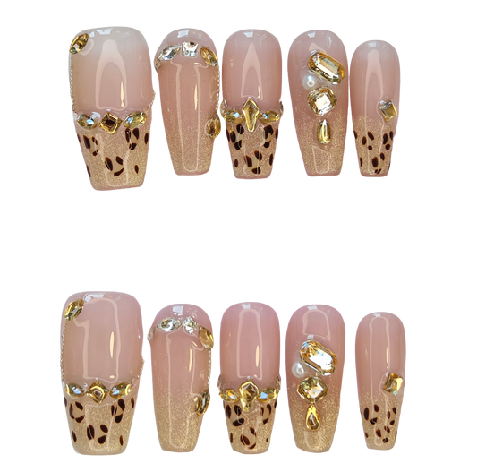 Leopard Gold & Pink Press-On Nails with Faux Gem Accents