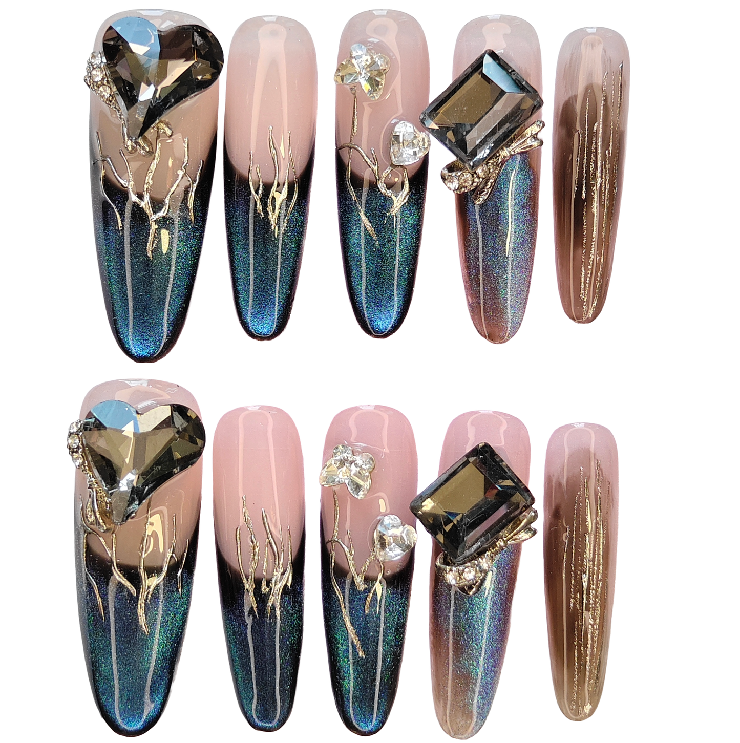 Luxury Deep Green & Pink Press-On Nails with Faux Gem and Gold Detail