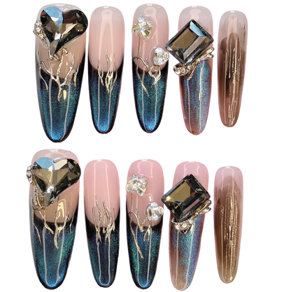 Luxury Deep Green & Pink Press-On Nails with Faux Gem and Gold Detail