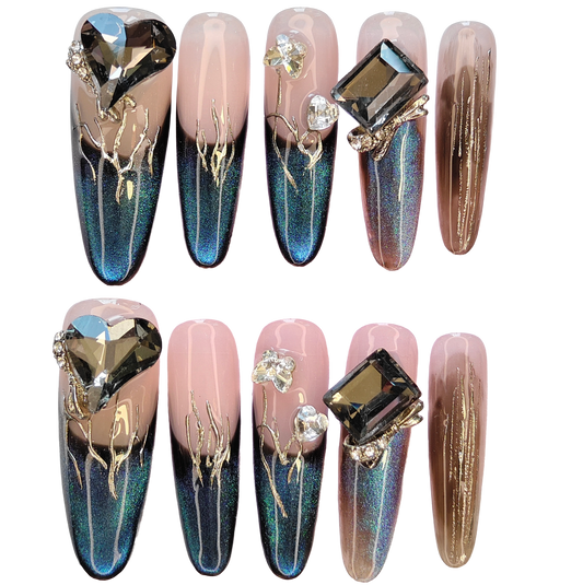 Luxury Deep Green & Pink Press-On Nails with Faux Gem and Gold Detail