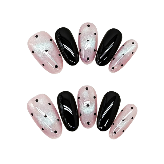 EvadiaGrace Black White Polka Dot Press On Nails Medium Oval Salon Quality False Nails