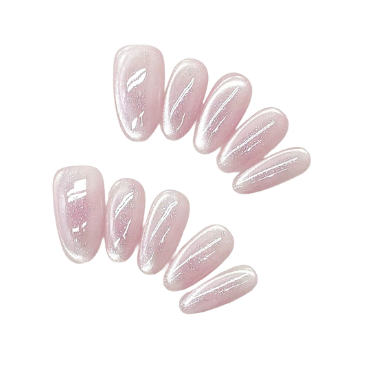 EvadiaGrace Pink Glitter Cat Eye Press On Nails Long Oval Salon Style False Nails