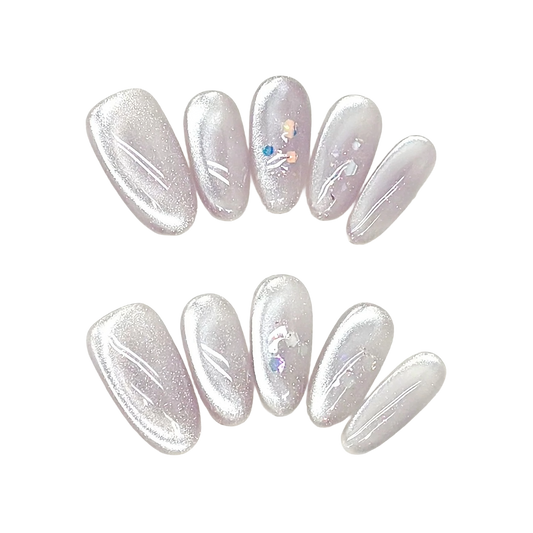 EvadiaGrace Purple Glitter Cat Eye Press On Nails Medium Oval Reusable Nail Kit