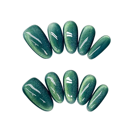 EvadiaGrace Emerald Green Cat Eye Press On Nails Elegant Reusable False Nails