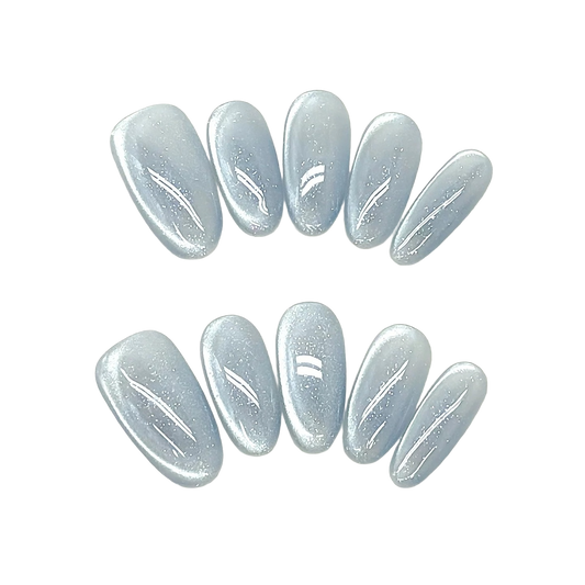 EvadiaGrace Ice Blue Cat Eye Press On Nails Glass Shine Reusable Glue On Nails