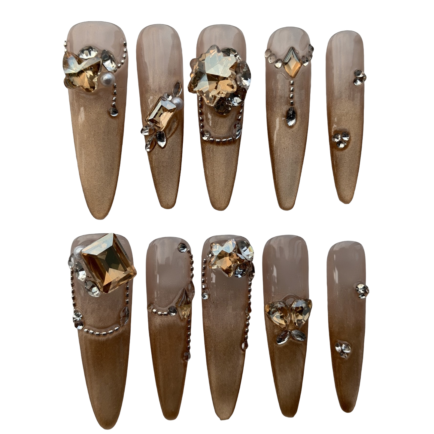 Champagne Luxe Crystal Press-On Nails by Evadia Grace – Nude Gold Rhinestone Handmade Reusable Nails