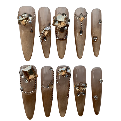 Champagne Luxe Crystal Press-On Nails by Evadia Grace – Nude Gold Rhinestone Handmade Reusable Nails