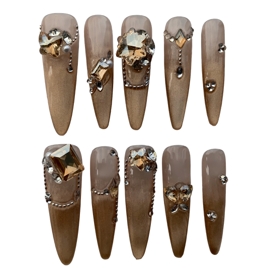 Champagne Luxe Crystal Press-On Nails by Evadia Grace – Nude Gold Rhinestone Handmade Reusable Nails
