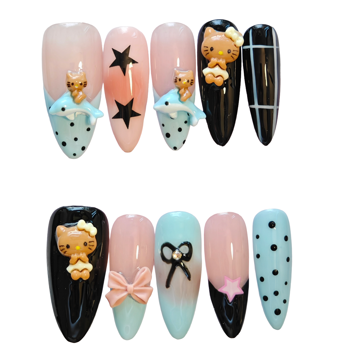 Kawaii Mixed-Element Press-On Nails – Cute Cat, Bows & Pastel Accents
