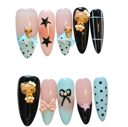 Kawaii Mixed-Element Press-On Nails – Cute Cat, Bows & Pastel Accents