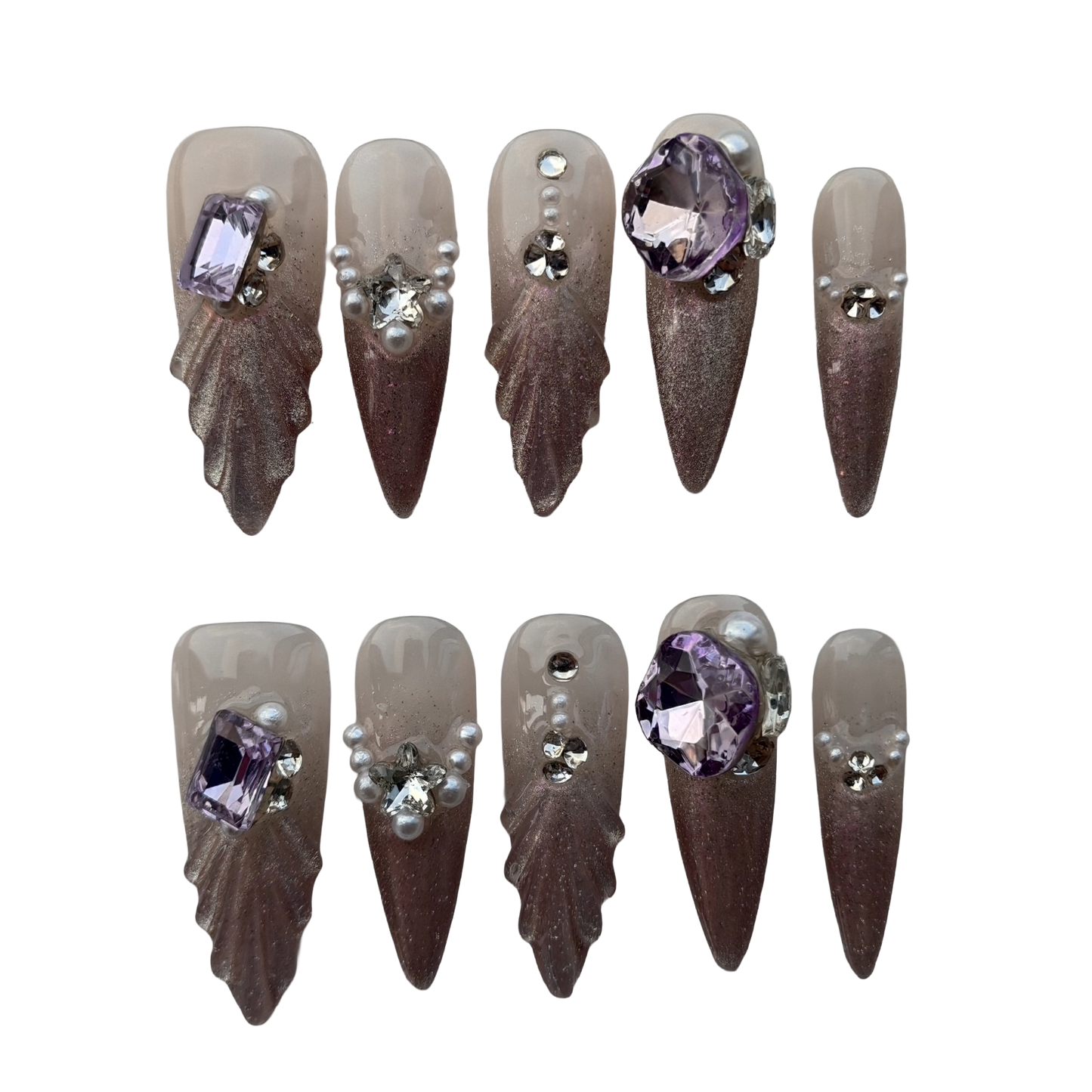 Amethyst Mermaid Gradient Press-On Nails by Evadia Grace – Purple Rhinestone Handmade Reusable Nails