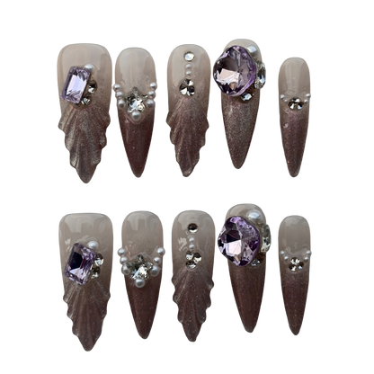 Amethyst Mermaid Gradient Press-On Nails by Evadia Grace – Purple Rhinestone Handmade Reusable Nails