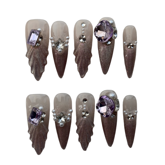 Amethyst Mermaid Gradient Press-On Nails by Evadia Grace – Purple Rhinestone Handmade Reusable Nails