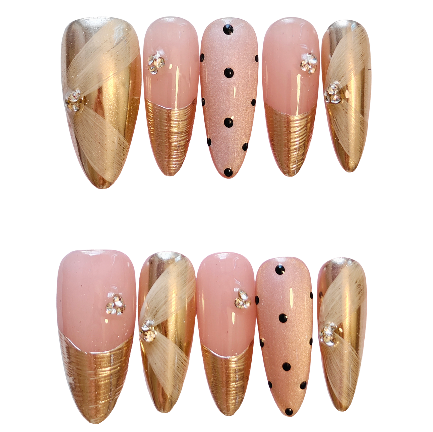 Pink & Gold Press-On Nails with Faux Diamond and Polka Dot Accents