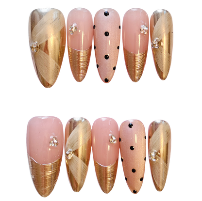 Pink & Gold Press-On Nails with Faux Diamond and Polka Dot Accents