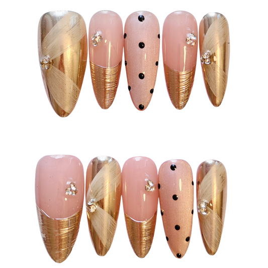 Pink & Gold Press-On Nails with Faux Diamond and Polka Dot Accents