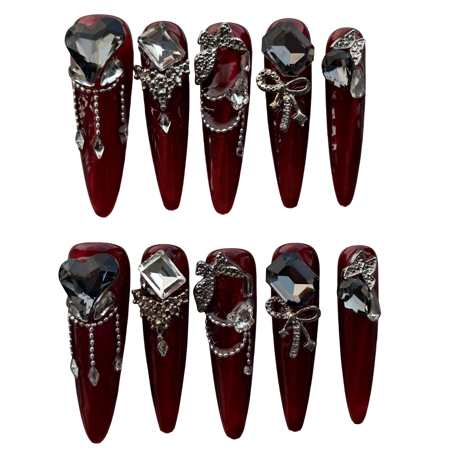Burgundy Black Diamond Press-On Nails by Evadia Grace – Gothic Rhinestone Handmade Reusable Nails