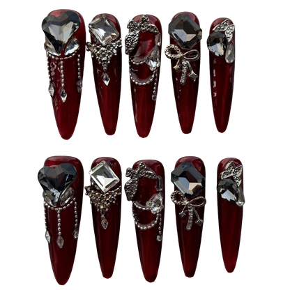 Burgundy Black Diamond Press-On Nails by Evadia Grace – Gothic Rhinestone Handmade Reusable Nails