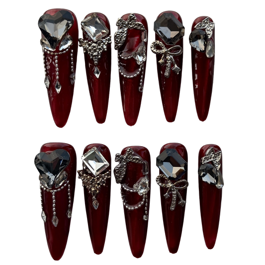 Burgundy Black Diamond Press-On Nails by Evadia Grace – Gothic Rhinestone Handmade Reusable Nails