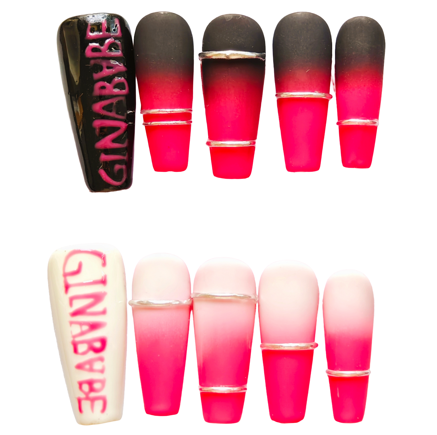 Bold Red Ombre Press-On Nails with Hand-Painted Lettering