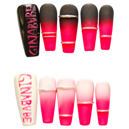 Bold Red Ombre Press-On Nails with Hand-Painted Lettering
