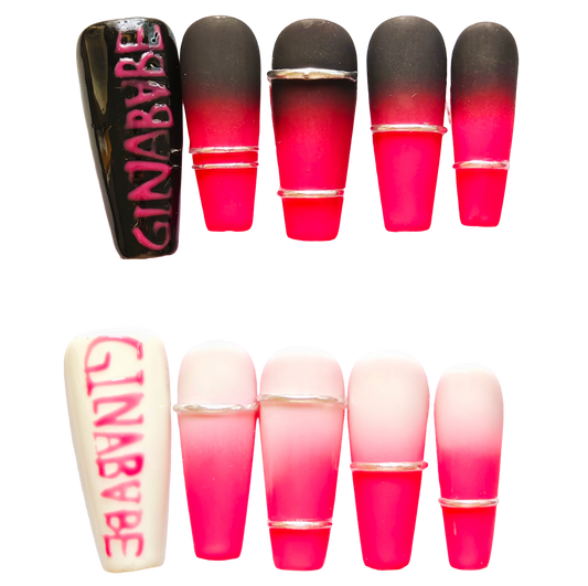 Bold Red Ombre Press-On Nails with Hand-Painted Lettering