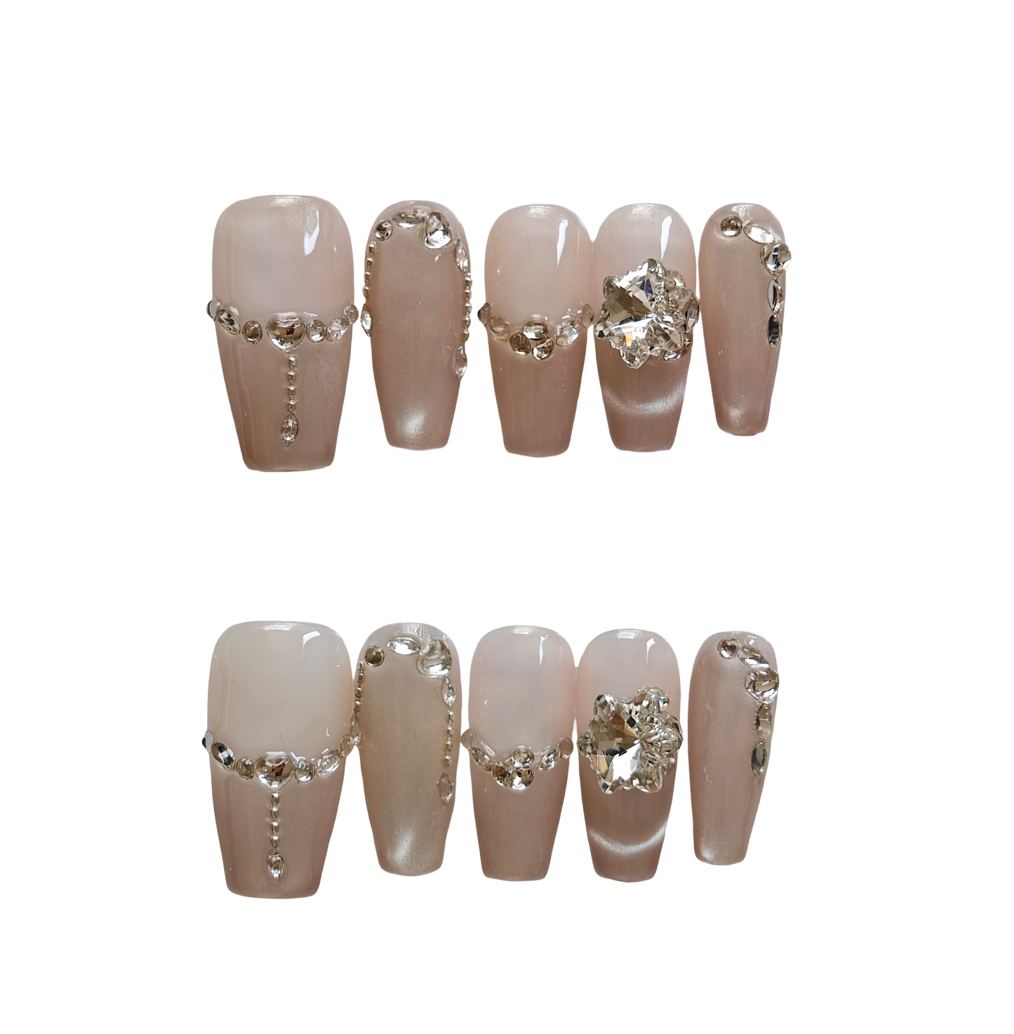 Champagne Brown Press-On Nails with Faux Diamond Rhinestone Accents