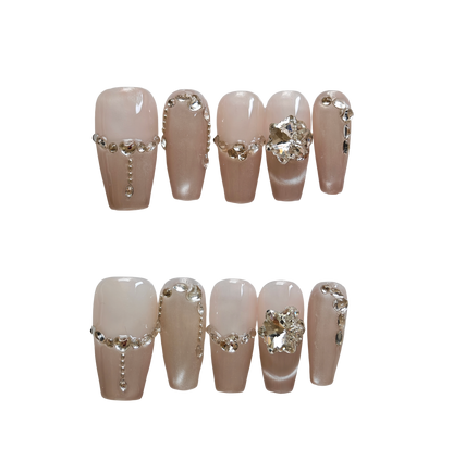 Champagne Brown Press-On Nails with Faux Diamond Rhinestone Accents
