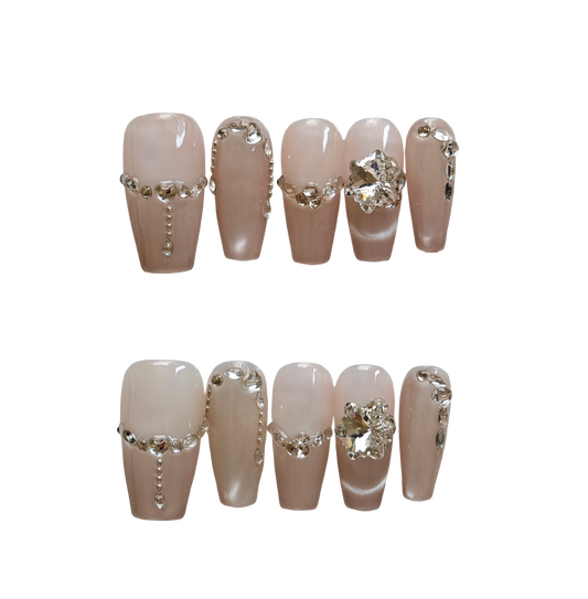 Champagne Brown Press-On Nails with Faux Diamond Rhinestone Accents